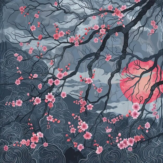 Photo a painting of a tree with pink flowers