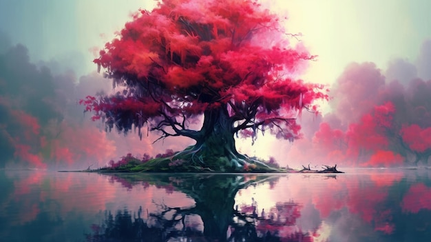 A painting of a tree with pink leaves and the reflection of the water Generative AI