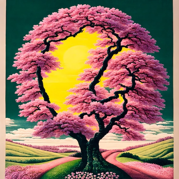 A painting of a tree with a pink tree in the middle.