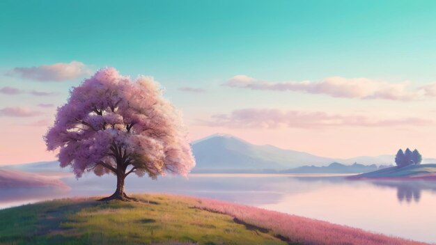 Photo a painting of a tree with purple leaves in the dreamy world