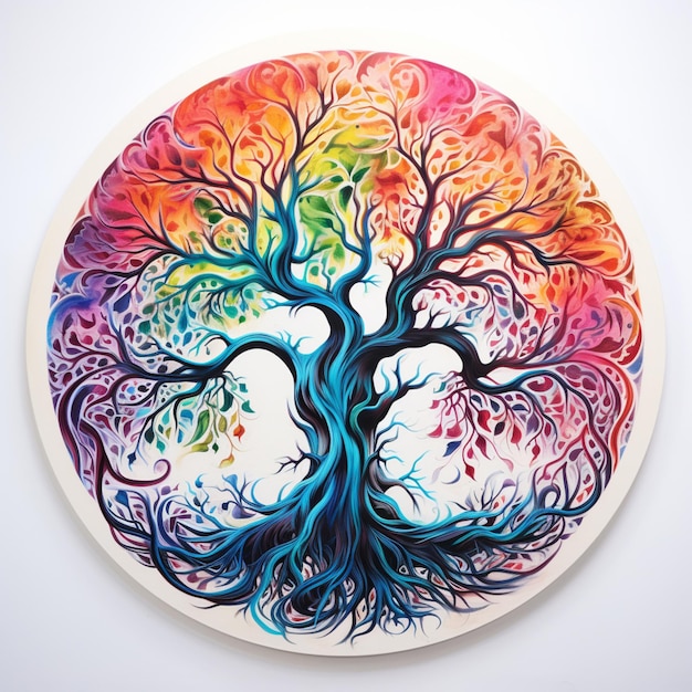 Painting of a tree with a rainbow colored background in a circle generative ai