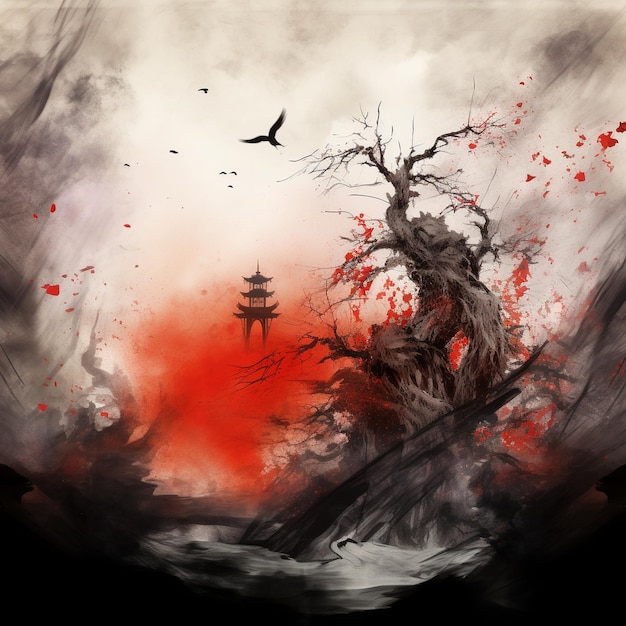 a painting of a tree with a red background with a bird flying in the sky.