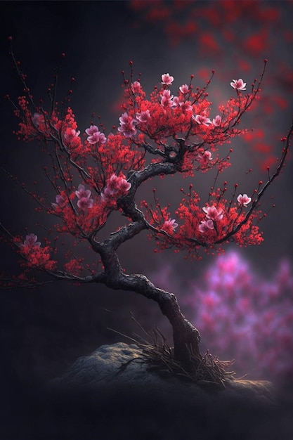 Painting of a tree with red flowers generative ai