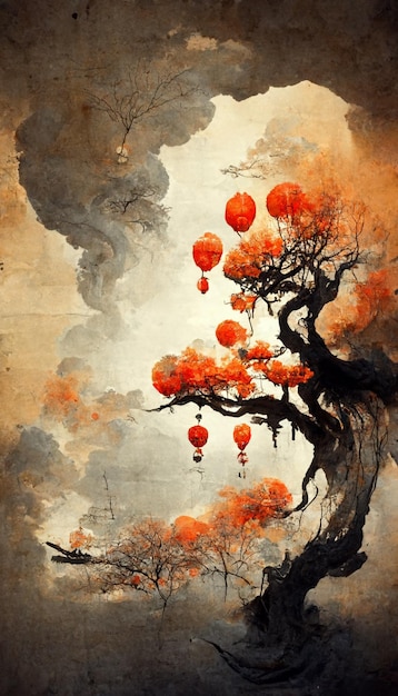 A painting of a tree with a red lantern on it