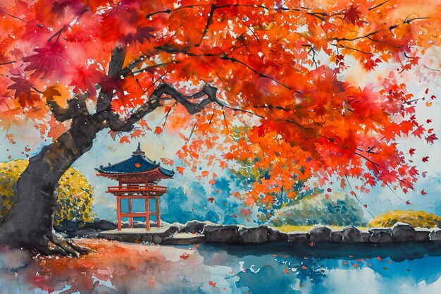 A painting of a tree with red leaves and a building in the background