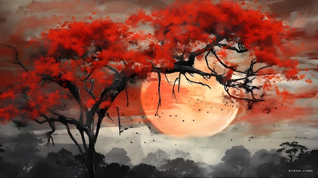 A painting of a tree with a red moon in the background