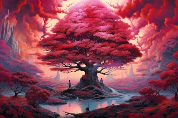 A painting of a tree with a red sky and a couple of people standing around it.