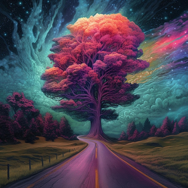 a painting of a tree with a road and a fence in the background.