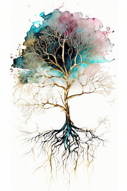 A painting of a tree with the roots of the tree.