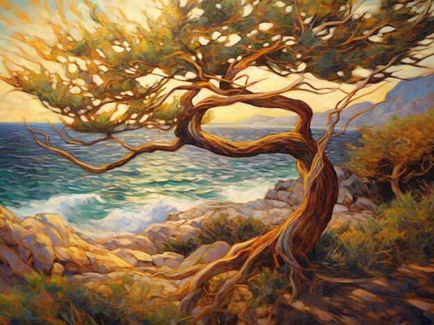 A painting of a tree with the roots twisted and the ocean in the background