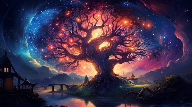 a painting of a tree with a sky background and a bridge generative ai