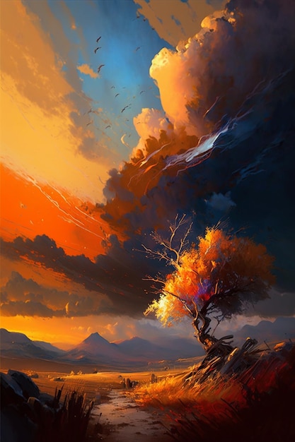 A painting of a tree with a stormy sky and lightning bolt in the background.