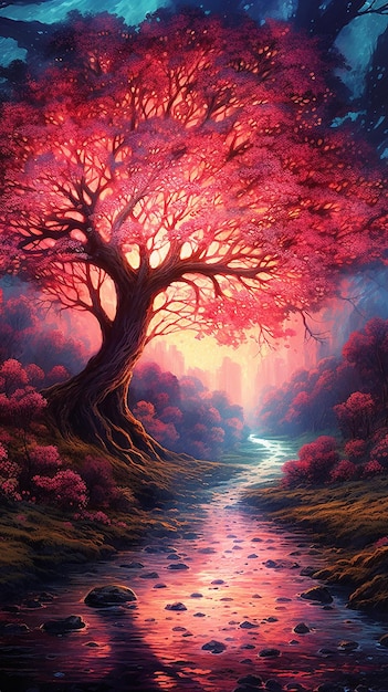 A painting of a tree with a stream in the background