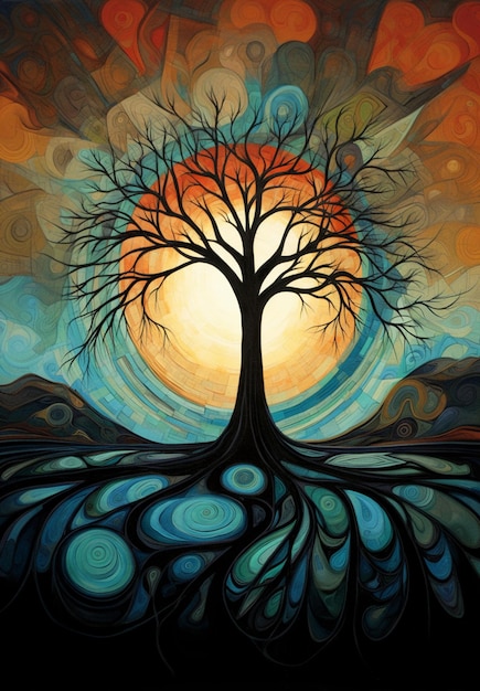 painting of a tree with a sun in the background generative ai