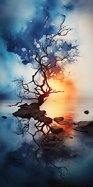 a painting of a tree with the sun behind it