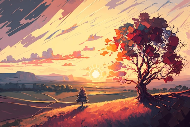 A painting of a tree with the sun setting behind it