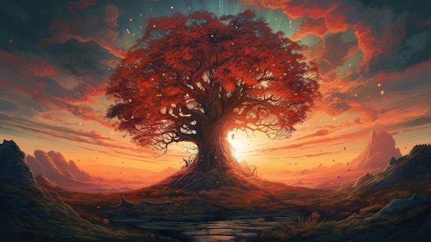 A painting of a tree with the sun setting behind it