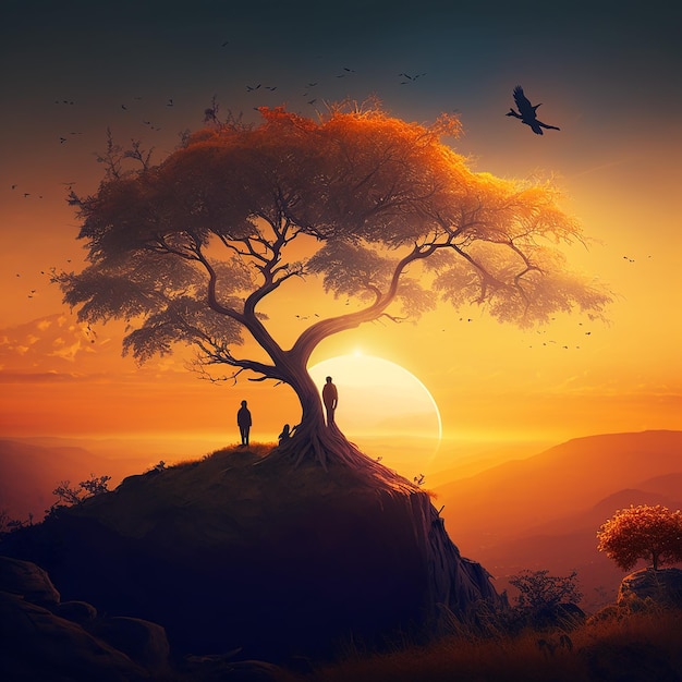 A painting of a tree with a sunset in the background