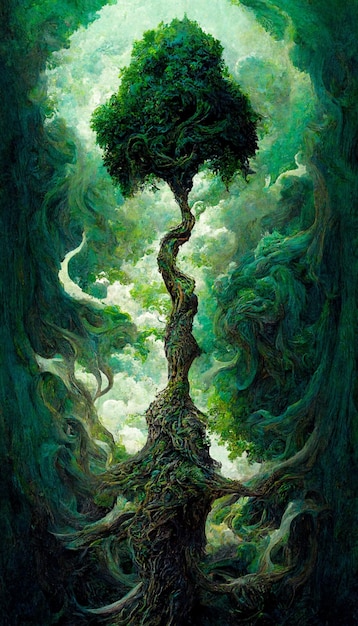 A painting of a tree with the tree in the middle