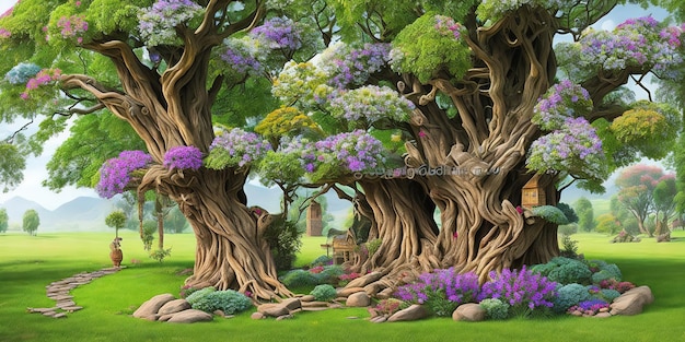 A painting of a tree with vines and flowers