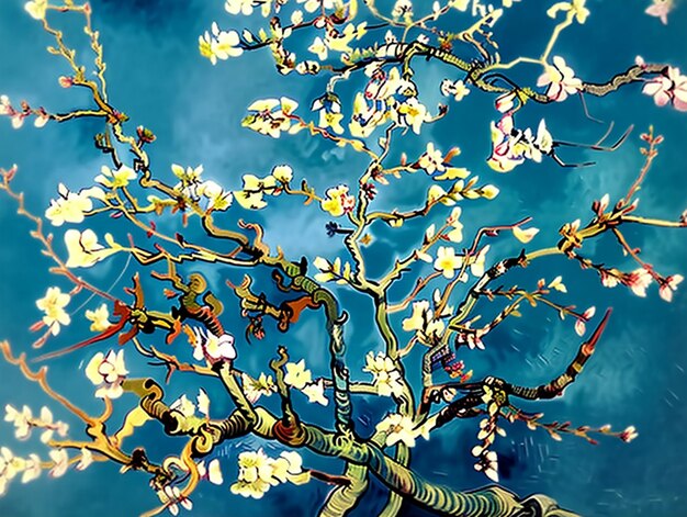 Photo painting of a tree with white flowers against a blue sky generative ai