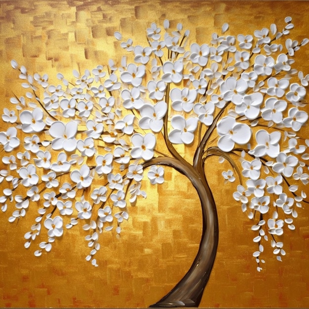 A painting of a tree with white flowers on it