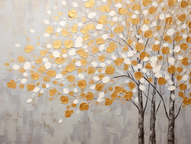 Painting of a tree with white and gold leaves on a gray background generative ai