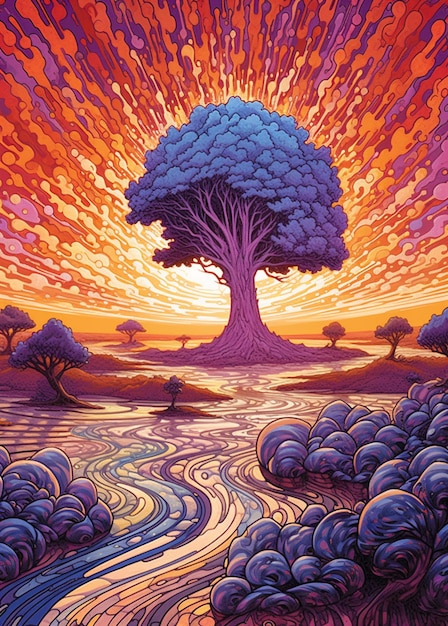 A painting of a tree with the words " the tree " on it.