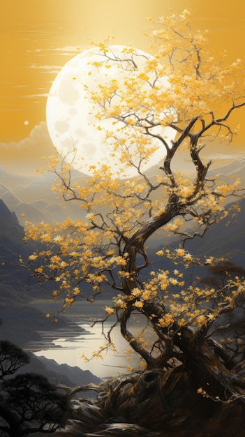 painting of a tree with yellow leaves and a full moon generative ai