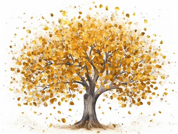 노란 잎과 흰색 배경 생성 ai가 있는 나무 그림