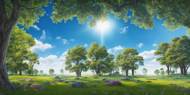 A painting of trees in a field with the sun shining on them.