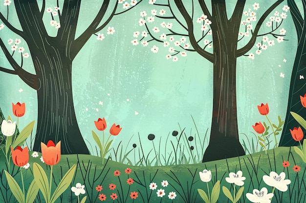 a painting of trees and flowers