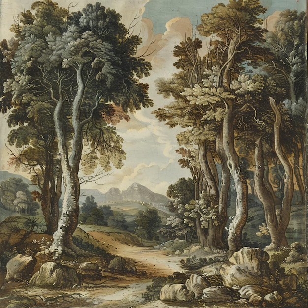a painting of trees and a road with mountains in the background
