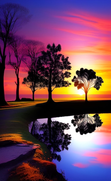 A painting of trees and the sky at sunset