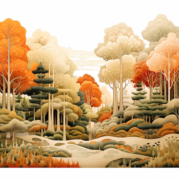 A painting of trees and snow with a forest in the background.