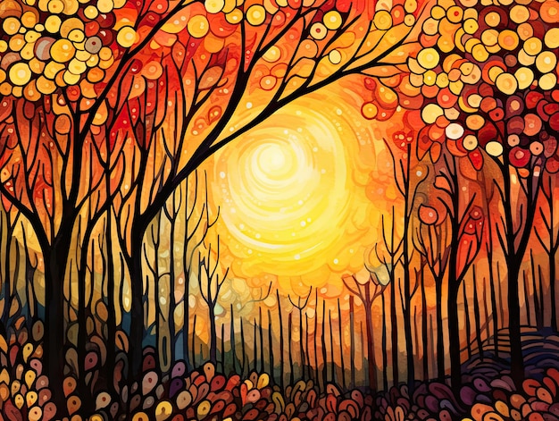 a painting of trees and sun