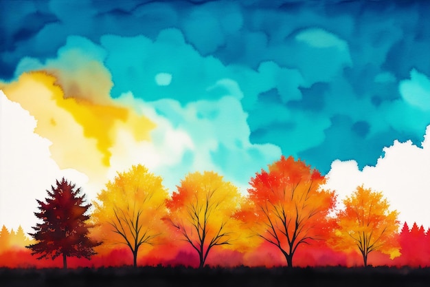 A painting of trees with autumn leaves in the background.