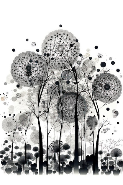 A painting of trees with black and white flowers and dots.