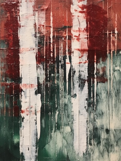 A painting of trees with green, red, and white stripes.