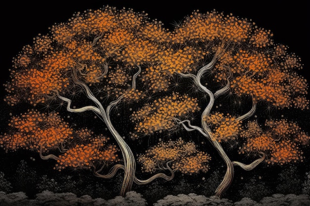 A painting of trees with orange leaves