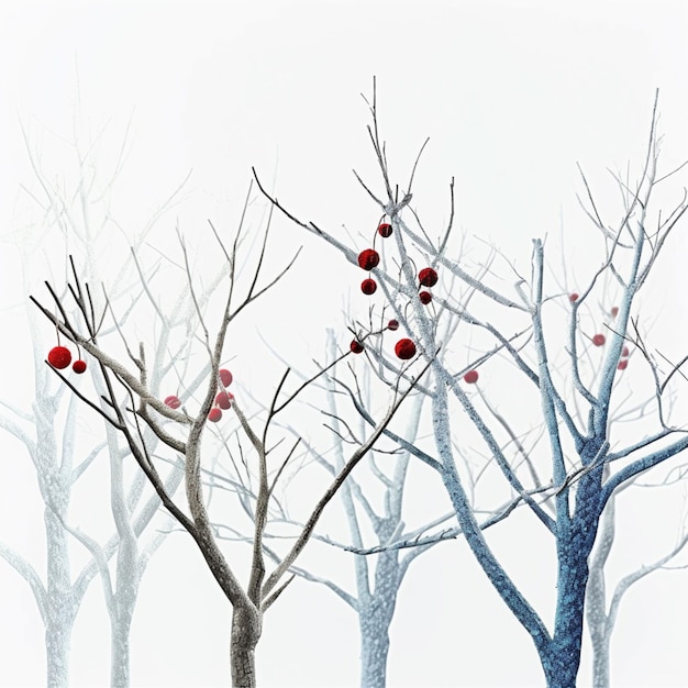 A painting of trees with red apples on them.