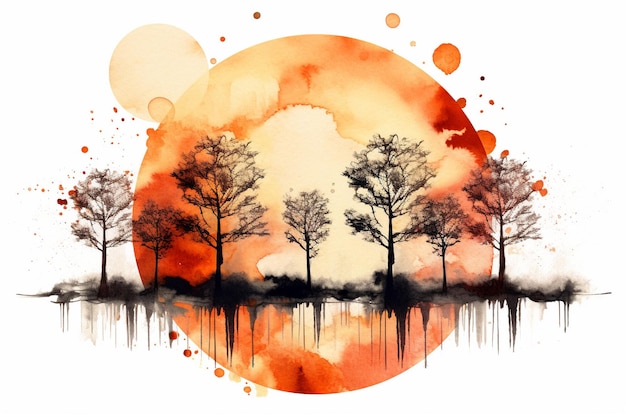 A painting of trees with the sun behind it