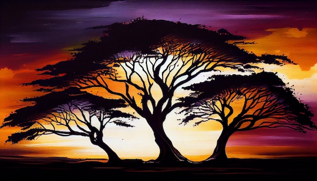 A painting of trees with the sun setting behind them.