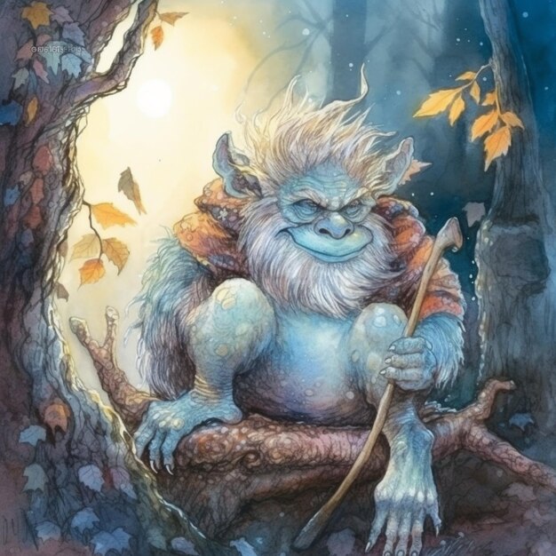 a painting of a troll sitting on a tree branch in the woods generative ai