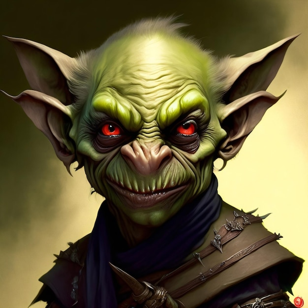 A painting of a troll with red eyes and a black collar.