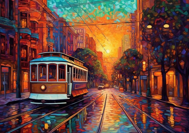 A painting of a trolley car on a city street at sunset generative ai