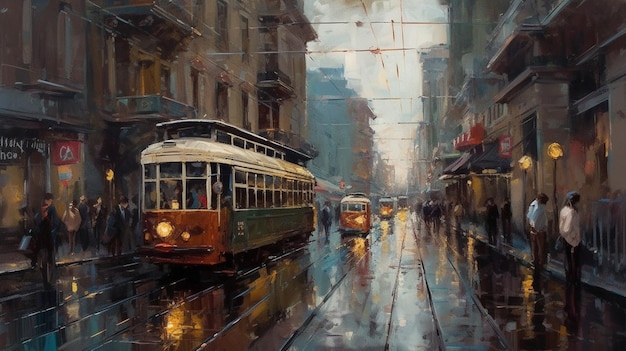 A painting of a trolley on a rainy day.