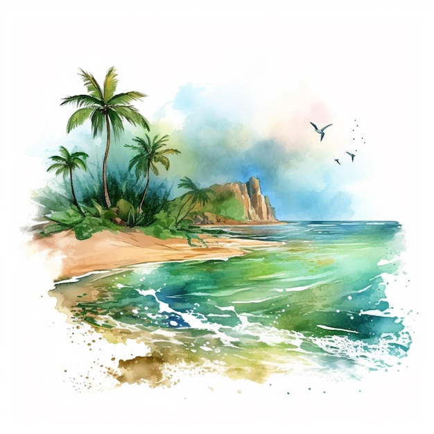 Painting of a tropical beach with a boat and palm trees generative ai