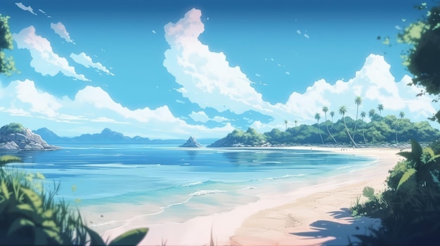 Картина тропического пляжа с пальмами, генеративный ИИ
