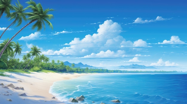 A painting of a tropical beach with palm trees